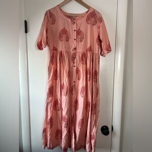 Utsa Midi Button Front Dress Block Print Leaf Design 100% Cotton Boho Medium